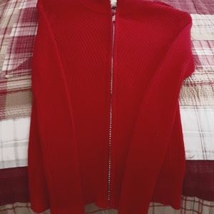 Very stretchy firm fitting sweater with rhinestone zipper mock turtleneck cardig